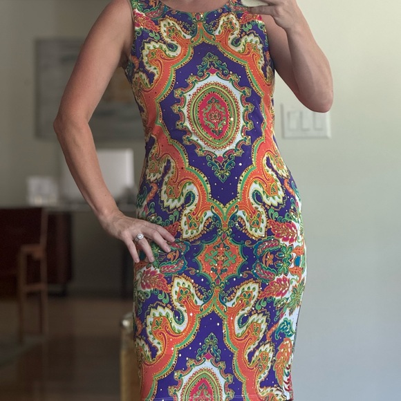 Rare Joseph Ribkoff Size 10 Sparkly Floral Multicolor Dress Lined Jersey  Midi